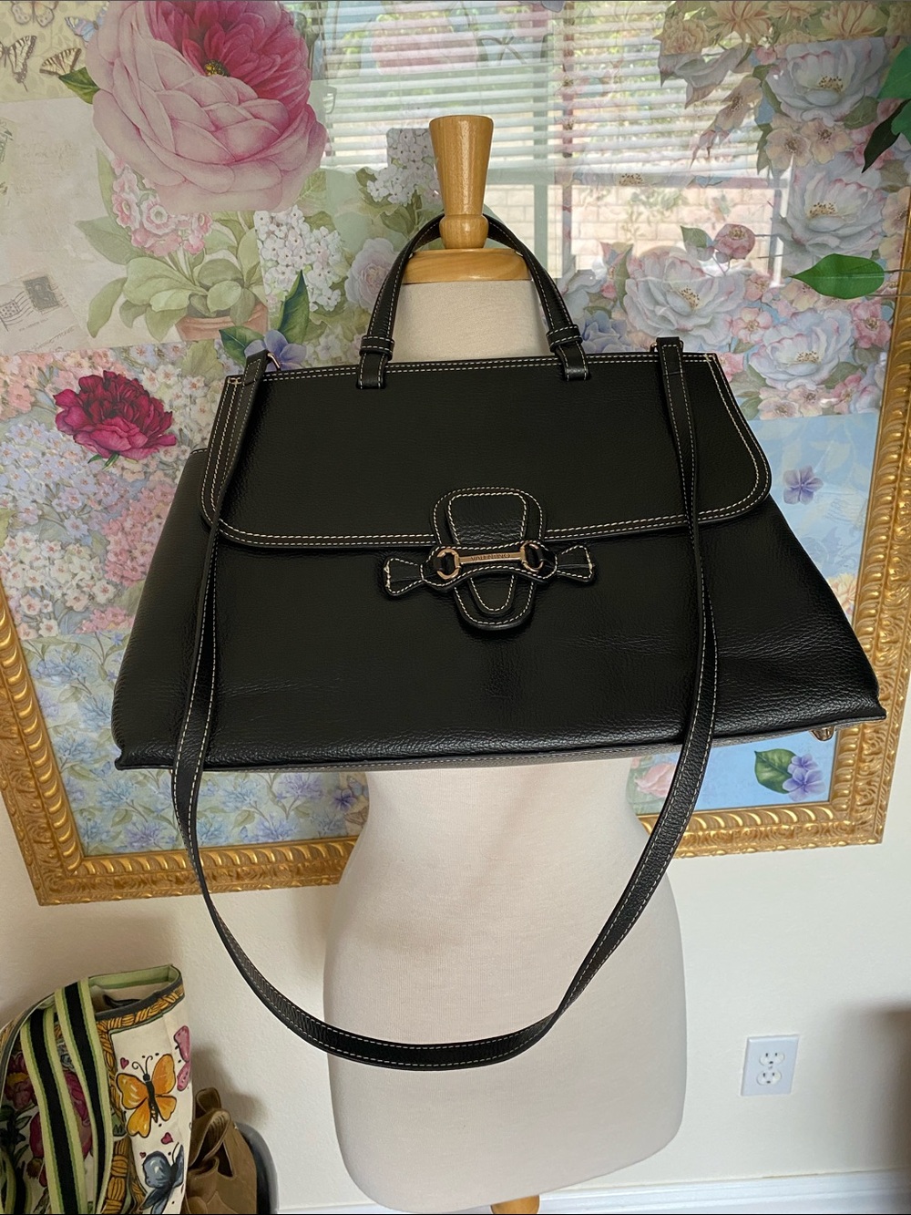 Mario Valentino Black Leather Tote with Gold-Tone Buckle Detail